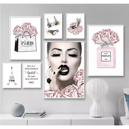 Square/round DIY diamond painting fashion wall art, beauty lipstick high heels pink flowers fashion rhinestone picture beauty