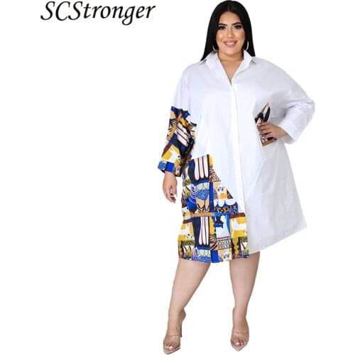 SCSTRONGER Summer Plus Size Loose Ladies Dress Fashion Stitching Printing Plus Size Blouse Dress Robe Grande Taille 2021