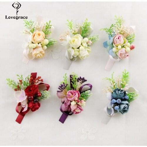 Lovegrace Silk Rose Flower Wedding Groomsmen Boutonniere Wrist Flower Bridesmaid Wrist Corsage Wedding Supplies Sister Bracelet