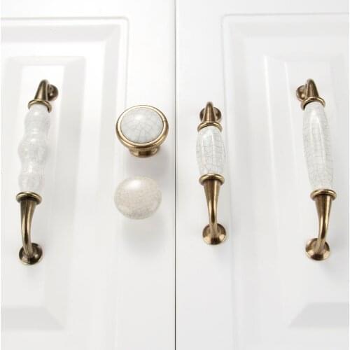 1pc Ceramic Cabinet Handles Drawer crack pattern Pull Knobs Antique Brass Door White Vintage Furniture Hardware Deco 96/128MM