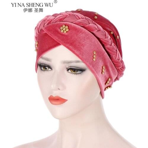 Fashion For Women New Style Pearl Femme Musul Women Head Scarf Turban Cap Indian Hat Turbante Mujer Multicolor Beaded Braid Hat