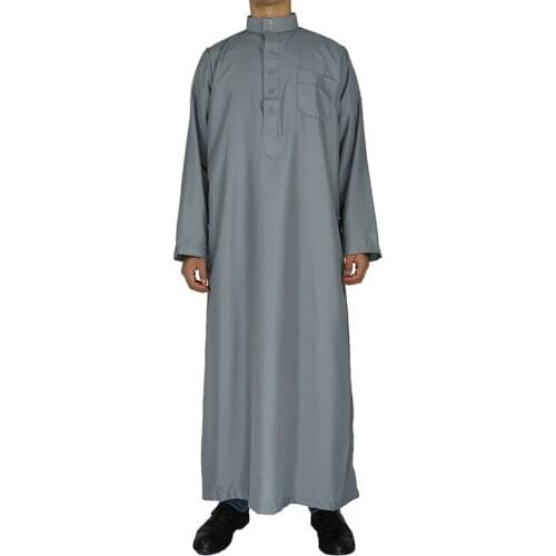 Men Qatar Muslim Moroccan Islamic Style White Gray Long-Sleeved Stand-Up Collar Plus Size Arabian Robe Shirt Men Worship Robe