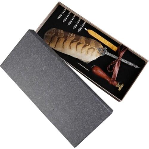Luxury Vintage Feather Quill Dip Calligraphy Fountain Pen Writing Ink 5 Nibs Set Stationery Gift Box