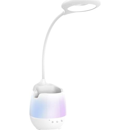 4 in 1 LED Desk Lamp with Night Light Rechargeable Reading Light 3 Brightness Mode RGB Colorful Desktop Speaker Phone Pen Holder