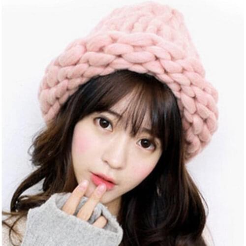 New Winter Womens Fashion Wool Hat Coarse Lines Outdoor Cute Warm Hat Beanie Handmade Solid Color Knitted Hat for Women/Girls