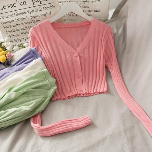 Pearl Diary Women Spring Autumn Knitted Cropped Cardigan 3 Buttons Front Casual Wide Ribbed Knit Top Korean Style Slim Fit Top