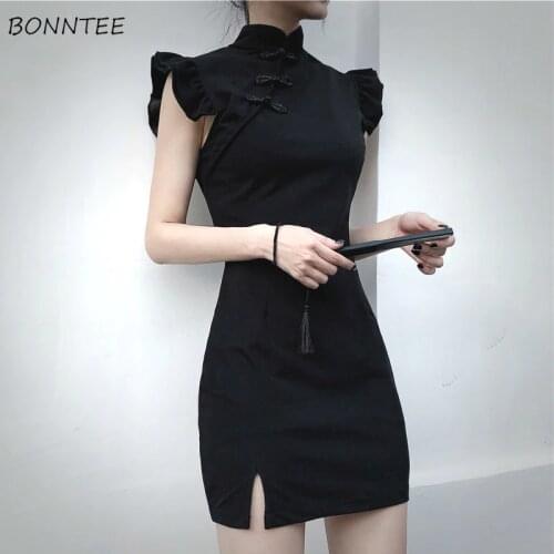 Dress Women Summer Chic Vintage Chinese Collar Cheongsam Sexy Notched Mini Womens Dresses Mujer Harajuku Slim Black Ladies Qipao