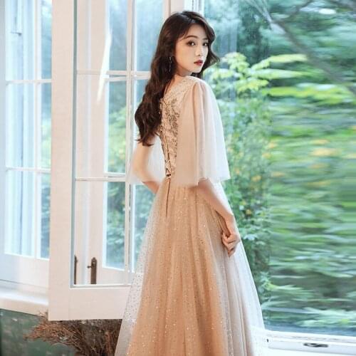 Special Occasion Dresses Illusion V-Neck Half Beading Embroidery Sequined A-Line Luxury Khaki Tulle Lace Women Prom Gown E931