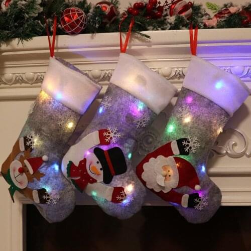 Christmas Stocking Gift Bag Gray with Lights Eve Christmas Decoration Fireplace Decor Candy Bag Christmas Tree Pendant New Year