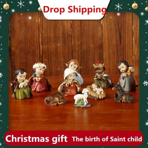 11pcs / Set Christmas cartoon manger group resin crafts decorations Jesus birth Religious Gift highest character 6cm