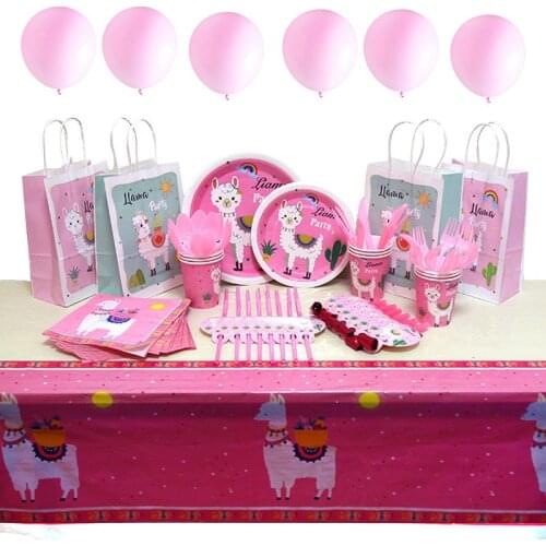 Pink Alpaca Pattern Disposable Tableware Paper Cup Plate Tablecloth Baby Shower Decoration Wedding Birthday Party Supplies