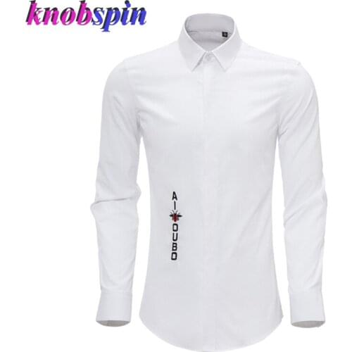 Little Bee Letters Embroidered Long Sleeve Men Shirt Casual Slim Solid color business male dress Shirts Brand Chemise Social 4XL