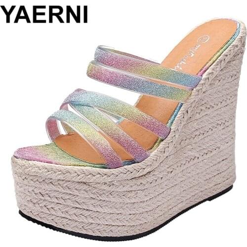 YAERNI Straw Hemp Rope Bottom Sandals Korean Style Bling Rainbow Platform Slides Walk Show Wedges Women Shoes Sweet Wedding High
