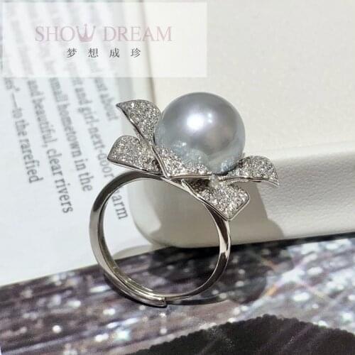 SHOWDREAM S925 Silver Zircon Rings atural Seawater Pearl Ring for Women Open Adjustable Ring Fashion Simple Ring Fine Jewelry