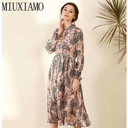 MIUXIMAO 2020 Spring Women Flower Print Dress Long Sleeve Female Casual Spring Dresses Dress Elegant Bow Vestidos Runway Dress