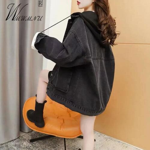 Streetwear Fashion Black Jackets Women 2021 Spring Blue Jean Jacket Coat Hooded Removable Harajuku Casual Loose Korean Clothing