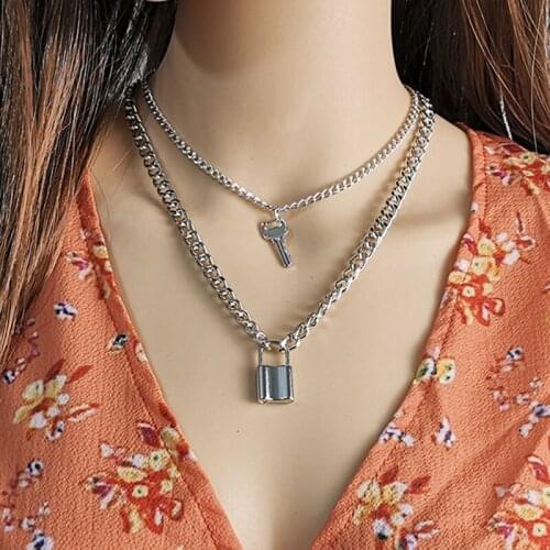 New Punk Creative Thick Chain Key Lock Pendant Necklace for Women Double Layer Geometric Clavicle Necklace Jewelry Kolye YN1458