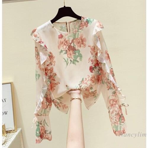 Floral Print Blouse for Women New Sweet Elegant Ruffle Flower Shirt Lady Chiffon Blusa 2021 Spring Autumn Female Top Clothes