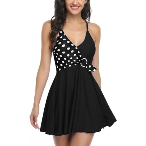 European And American Ladies Elegant Printed Two-Piece Swimsuit Soft Breathable Elastic V Neck Patchwork Dress And Briefs Set