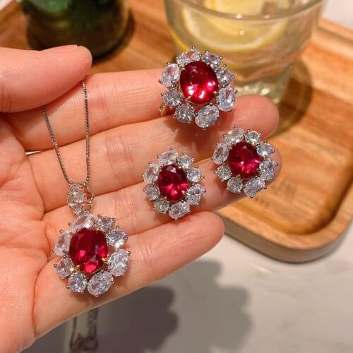 QTT Natural 925 Sterling Silver Red Oval Bridal Jewelry Sets For Women Pendants Necklace Earrings Ring Sets For Birthdays Gift