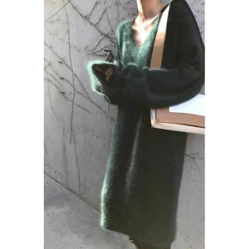 Long Sweater Dress V neck Women Pure Real Mink Cashmere Sweaters for Female Loose Oversize Pullovers Long Dress tsr551