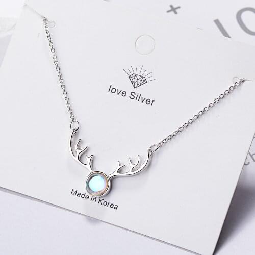 925 Sterling Silver Shiny Colorful Moonstone Chain Necklace Elk Deer Antlers Pendant Necklace For Christmas Gift S-N362
