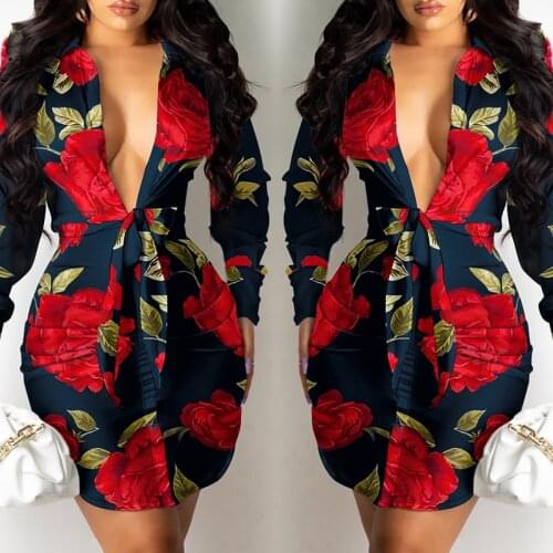 Fashion Elegant V Neck Long Sleeve Plunging Knot Tie Floral Print Shirt Dress Women Spring Autumn Workwear Mini Dress Loungewear