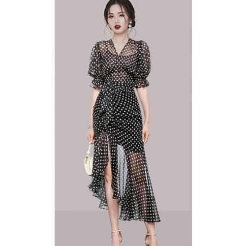 Vintage V-Neck Polka Dot Printed Chiffon Drawstring Midi Dress Women Elegant High Waist Slim Ruffle Vestidos 2021 Fashion Summer