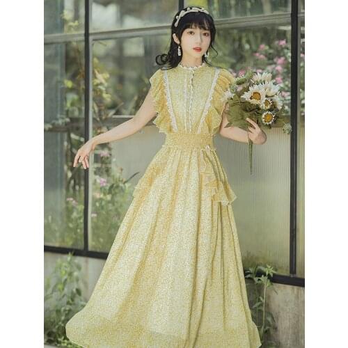 Summer French Retro Yellow Thin Chiffon Dress Holiday Floral Robe Femme Irregular Ruffled Fashion Dresses Vestido