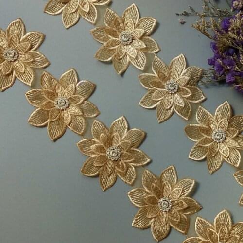 1 yard Polyester Gold 3D Flowers Embroidered African Lace Trim Ribbon Fabric Handmade Sewing Craft For Dress Costume Decoration