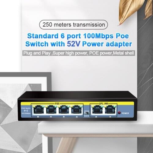 2-Port 100M Uplink 4-Port POE 100 Mbps Full Gigabit 6-Port POE Switch 52V Internal Power Supply for Monitoring Camera