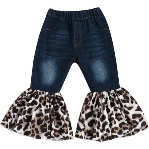 2020 New Fall Autumn 2-7Y Kids Toddler Baby Girls Leopard Print Flared Pockets Pants Boot Cut Jeans Denim Long Trousers