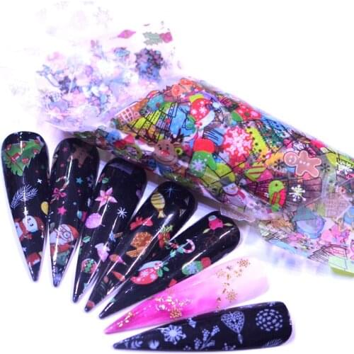 2021 10PCS Christmas Decorations for Nails Mix Colorful Transfer Nail Foil Sticker Snow Flower Elk Gift Santa Adhesive Paper