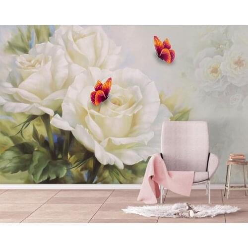 Customize stereoscopic 3d wallpaper White rose butterfly 3D photo wallpaper for home wallpaper roll 3d