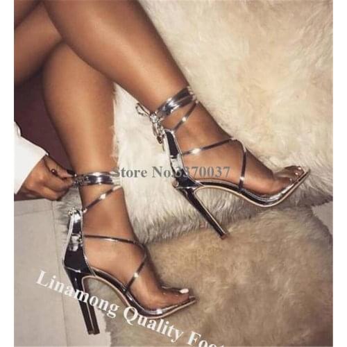 Linamong Shining PVC Strap Stiletto Heel Gladiator Sandals Lace-up Silver Gold Transparent Clear High Heel Sandals Wedding Shoes