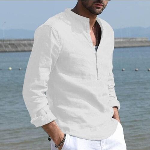 2021 New Fashion Solid Color Top Men Casual Blouse Linen Standing Collar Loose Shirt Autumn Handsome Male Shirt Tops Retro Blous