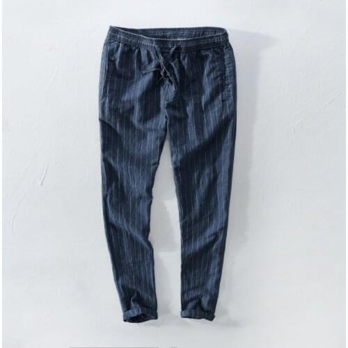 New arrival blue stripe linen pants men spring casual loose men pants long elastic waist fashion men trousers pantalon hombre