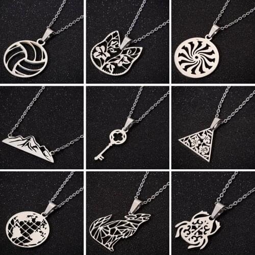 Hfarich Punk Necklace Women Steel Color Volleyball Geometric Garden Mountain Key Map Wolf Insect Long Chain Necklace For Kids