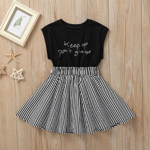 Pudcoco Toddler Baby Girl’s Summer Casual Sleeveless Dress Fashion Letter Stripe Stitching A-line Princess Dress 2021
