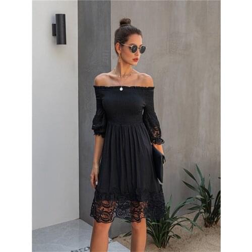 GOOHOJIO Summer Hollow Out Sexy Women Dress Casual A-Line Slash Neck Midi Dress Off The Shoulder Party Ladies Dress Femme Robe
