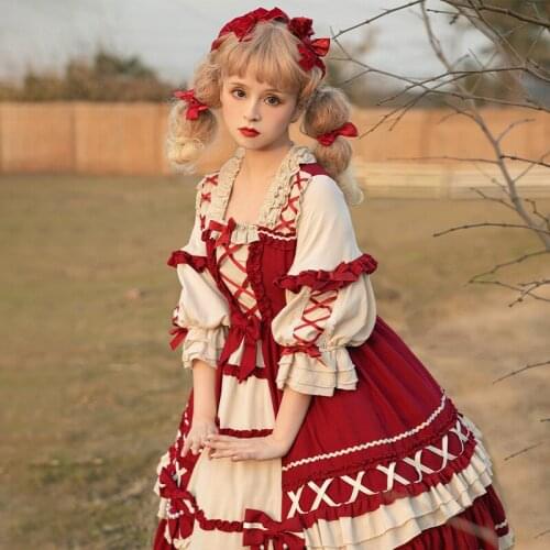 Sweet Burgundy Soft Girl Women Uniform Princess Dresses Kawaii Cosplay Costume Lolita Dress Op Maid Dress Lolita Princess