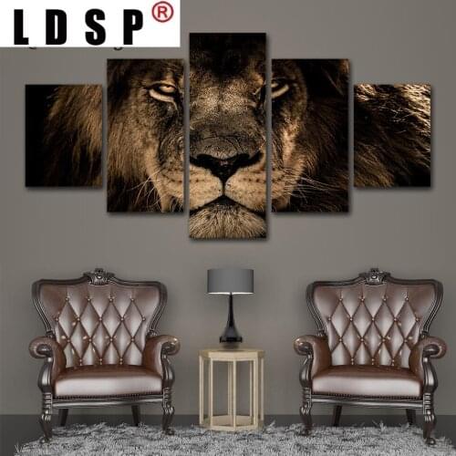 LDSP Modular Pictures 5 panels King Lion Animal Canvas painting Wall Art Picture For Living Room Print Paintings Home Decoration