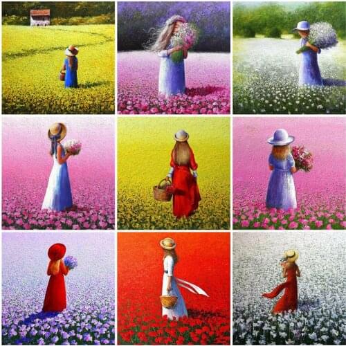 Huacan 5D Diamond Art Painting Kits Girl Sea Of Flowers Diamond Mosaic Embroidery Portrait Handicraft Paintings On The Wall