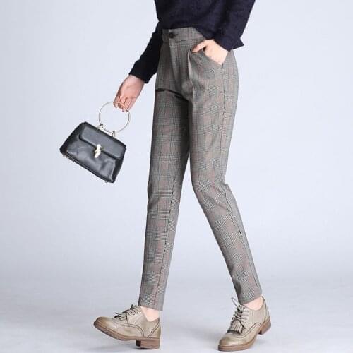 2020 New Summer Trousers Fashion OL High Waist Checkered Womens Trousers Casual Slim Fit Pencil Pantalones De Mujer Plus Size
