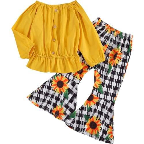 New 2 Pieces Kids Suit Set Solid Color Round Neck Long Sleeve Top+ Sunflower Print Trousers Suits
