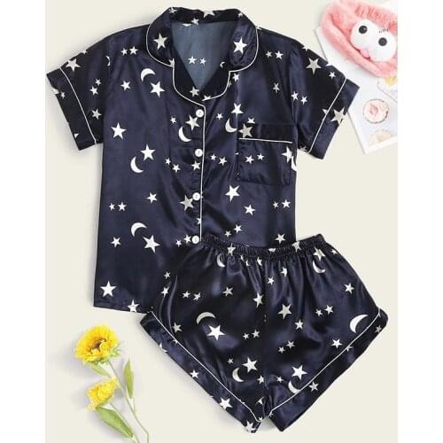 JULYS SONG Woman Pajamas Set 2 Pieces Stain Silk Women Sleepwear Summer Printed Pyjamas Sleeve Shorts Suit Homewear Loung Wear