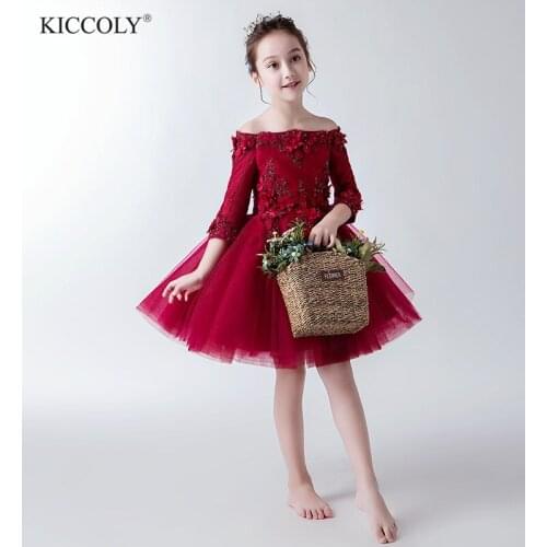 Elegant Beaded Appliques Flower Girl Dress Shoulderless Party Pageant Gown Red Lace Princess Wedding First Communion Dresses