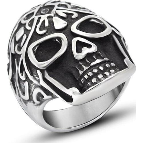 Hot Mens Vintage Skull Rings Punk Style Flower Pattern Skull Biker Ring Fashion Skeleton Jewelry US Size 7-12 Dropshipping