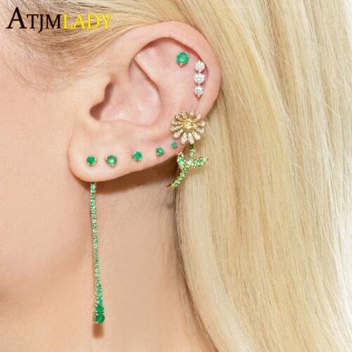 Cute Daisy Flower cz Stud Earrings gold filled lovely yellow double sided flower leaf Earrings Romantic Jewelry For women girls