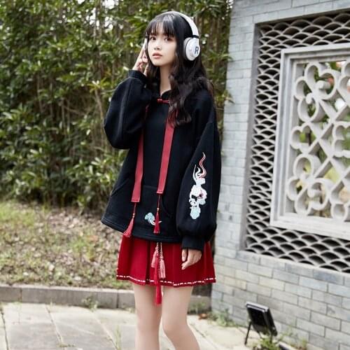 Fleece Hooded Sweatshirt Harajuku Chinese Embroidery Oversize Pullover Hoodies Women 2020 Winter Long Sleeve Sweet Female Top